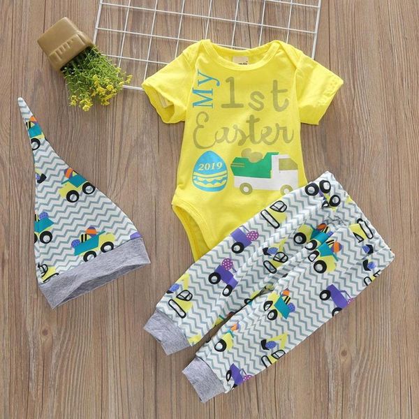 

пасхальная летняя одежда для малышей baby boy с коротким рукавом мультфильм письмо печати комбинезон+длинные брюки+шляпа 3шт наряд мой 1-й п, White