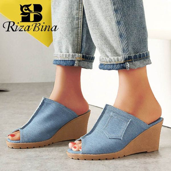 

rizabina women wedges sandals open toe denim slippers platform summer shoes women print jeans casual beach footwear size 34-43, Black