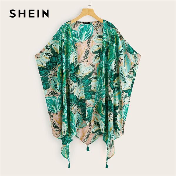 

shein boho multicolor tropical asymmetrical hem tassel detail kimono cardigan women summer batwing sleeve vacation beach kimonos, White