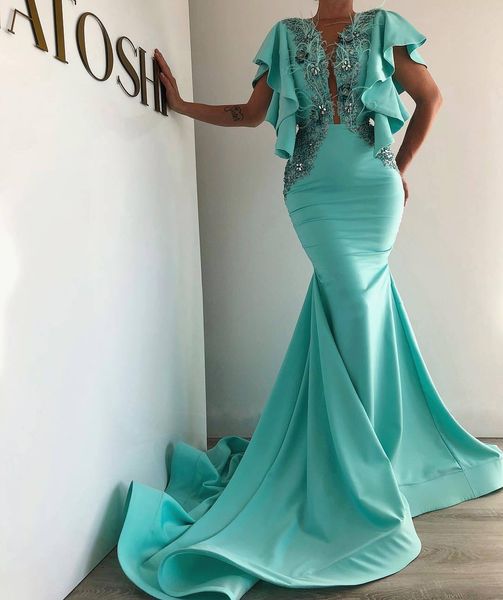 Visto a turquesa azul Vestidos V profundo Neck Lace Appliqued Feather Cristal Vestido De Festa Mermaid Evening vestidos Prom Party