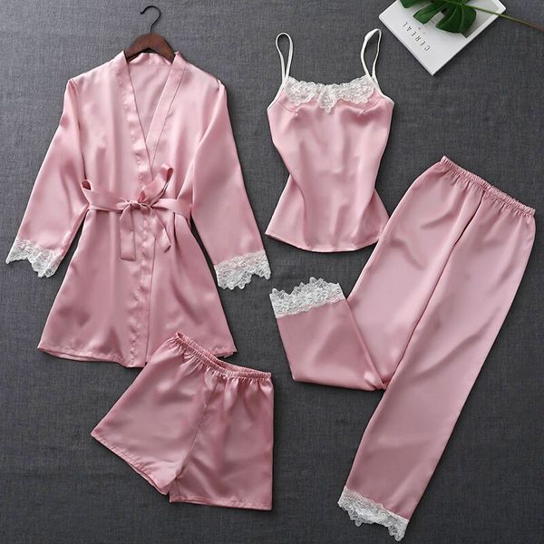 

4 pieces pajamas set women faux silk lace sleeveless shirt shorts suit summer robe pants pyjamas sleepwear home wear, Blue;gray