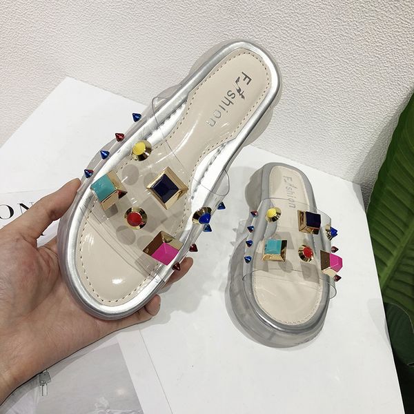

Luxury Designer Women Shoes Designers Slippers Transparent color rivet Platform Slide Lady Flip Flops Studded Anti-skid Thick Bottom fashion