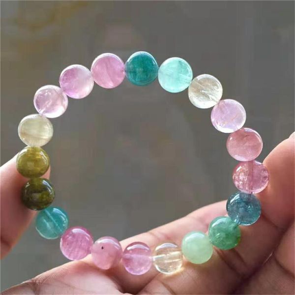 

природные турмалин gemstone кристалл stretch clear круглый бисера браслет 9.5mm женщина lady, Golden;silver