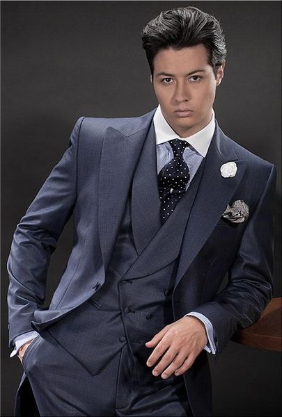 

new navy blue italian men suit 3 piece double breasted formal skinny personalized prom blazer jacket pants vest men formal suit, Black;gray