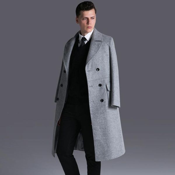 

mignlu wool mens coats luxury double breasted long style woolen men trench plus size 6xl business outwear gray male overcoat, Black