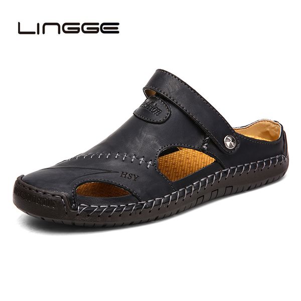 

lingge summer sandals men leather classic roman sandals 2019 slipper outdoor sneaker beach rubber men water trekking, Black