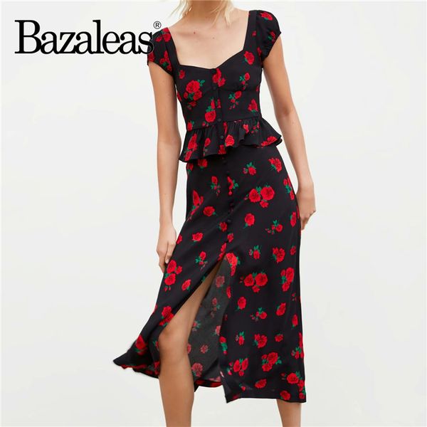 

bazaleas vintage rose print с принтом из двух частей черный женский костюм harajuku crop top и split midi skirt модный спортивный костюм для, White