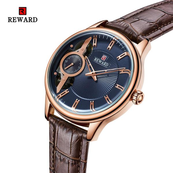 

reward men male new automatic mechanical watch double movement business waterproof hollow quality leather strap men's watch, Slivery;brown