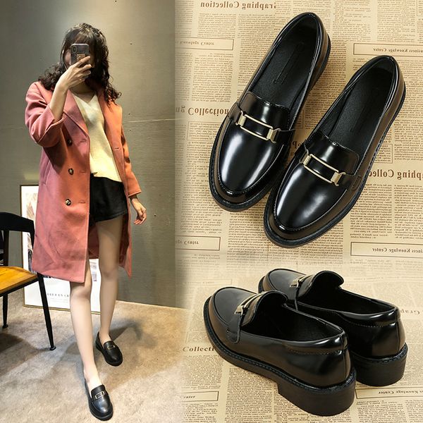 

loafers women's 2020 spring new style black and white with pattern british style slip-on chunky-heel shoes flat square buckle sm