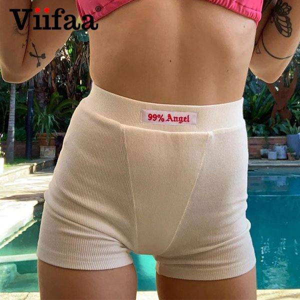 

viifaa white rib-knit letter front skinny summer biker shorts women 2020 high waist vacation casual ladies mini shorts, White;black