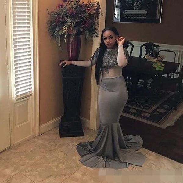 

grey long sleeves mermaid prom dresses jewel neck lace applique illusion bodice custom made plus size black girls evening party gowns