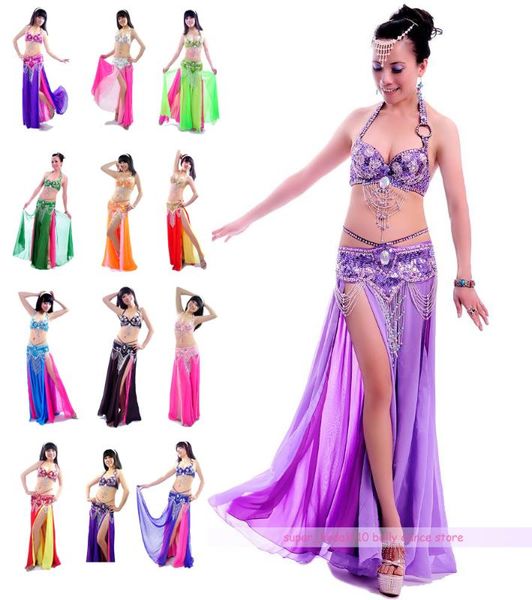 

new belly dance costume outfits 3 pics full set bra&belt&skirt 34b/c 36b/c 38b/c 40b/c 13 colors, Black;red