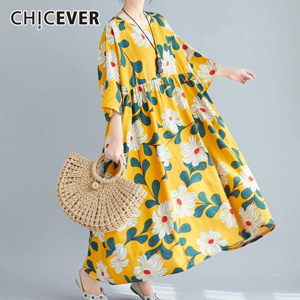 

chicever vintage print hit color dress for women o neck three quarter sleeve oversize loose midi dresses female 2020 summer new, Black;gray