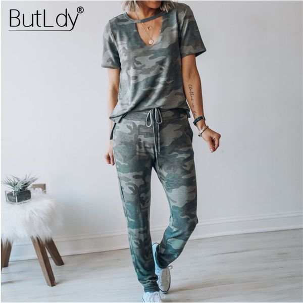

two pieces sets camouflage jumpsuit women v-neck short sleeve summer romper 2020 casual tracksuit long sports body suit overalls, Black;white
