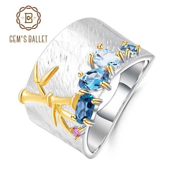 

gem's ballet natural creative blue z gemstone ring 925 sterling silver handmade bamboo finger rings for women fine jewelry, Golden;silver