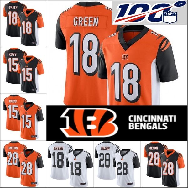 

100th patch cincinnati 28 joe mixon 15 john ross 18 a.j. green bengal jersey stitched size s-xxxl 01, Black;red