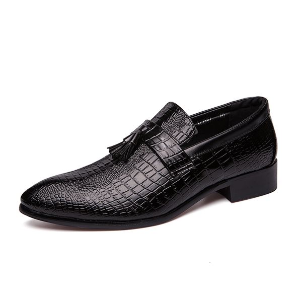 

crocodile pattern men tassel loafers summer leather shoes lace up formal business casual man dress shoes soft male flats, Black