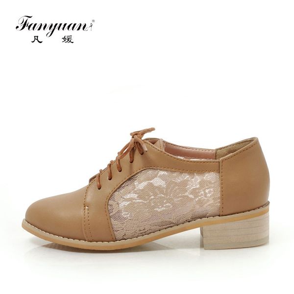 

fanyuan spring lace print brogue shoes solid women flats lace-up round toe thick bottom shoes casual cross-tied ladies, Black