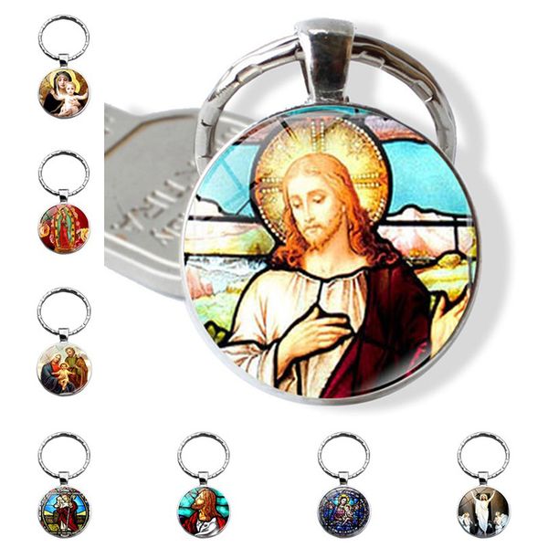 

virgin mary jesus glass cabochon keychain pendant jewelry accessories silver metal keychain rings keyholder key ring women