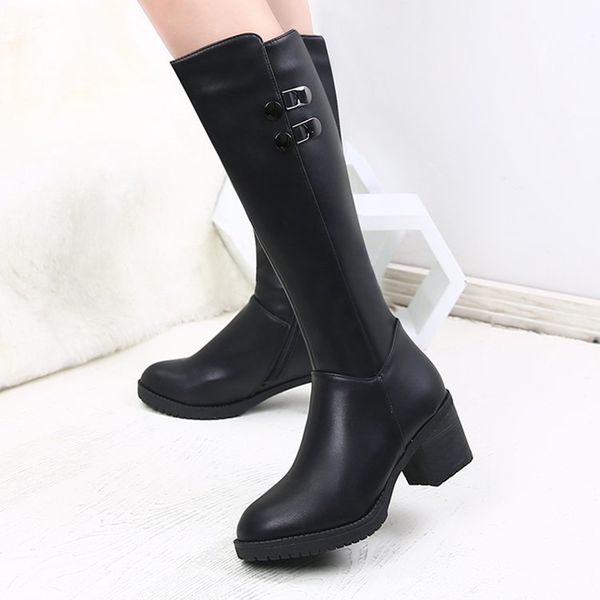 

new women high heels boots autumn winter side zipper pu leather boots korean round toe shoes square heel warm fleeces shoe, Black
