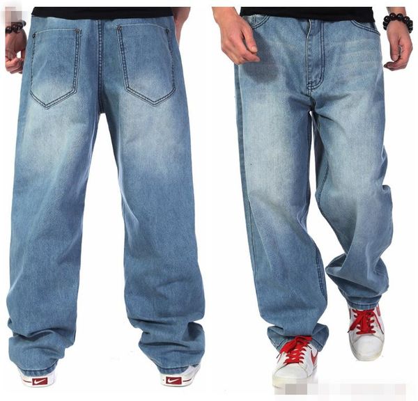 

plus size men fashion wear hip hop designer loose baggy jeans long pants mens blue cotton straight denim trousers 38 40 42 44 46