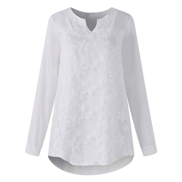 

women embroidered v-neck long sleeve shirts casual elegant lace patchwork cotton blouse white