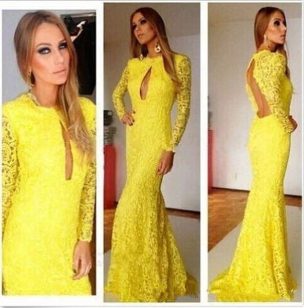 

luxury long sleeve yellow evening dresses mermaid lace backless keyhole neck prom dress party wear custom made robe de soiree, Black;red