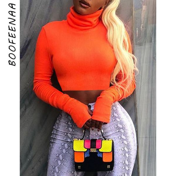 

boofeenaa neon color turtleneck crop long sleeve shirt women slim autumn winter street tshirt streetwear c70-i23, White