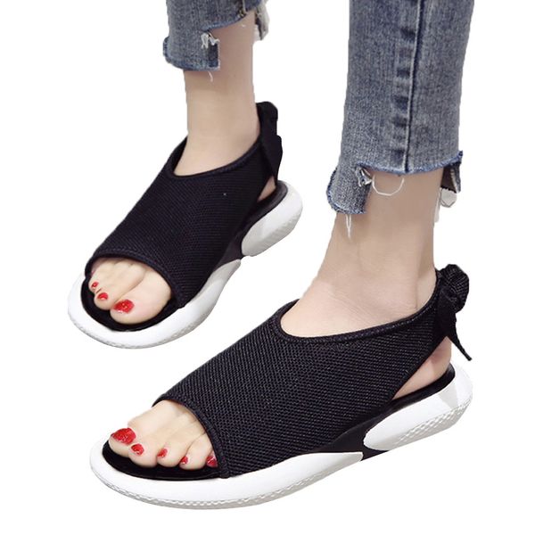 

wild thick bottom casual fish mouth bow flat sandals female flat casual sports student summer women bottom shoes sport sandals, Black