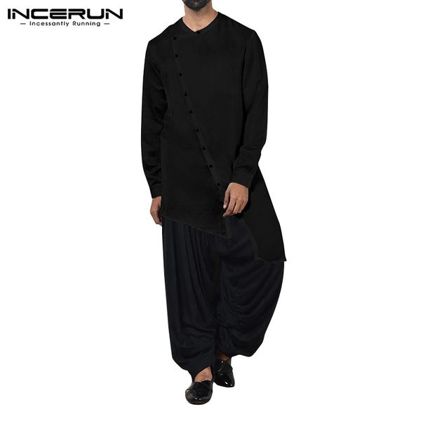 

incerun autumn men solid color long sleeve muslim kaftan casual street round collar irregular hem button mens jubba thobe, Red