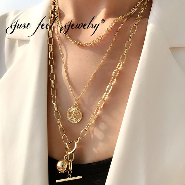 

just feel multi layer link chain choker necklace women vintage gold color round coin pendant necklaces statement jewelry gifts, Silver