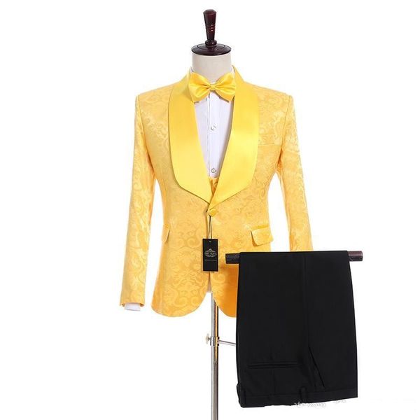 Real Photo Yellow Paisley Groom Tuxedos Mens Prom Dress Party Suits Coat Waistcoat Trousers Set (Jacket+Pants+Vest+Bow Tie) K206