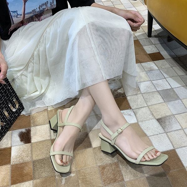 

sandals solid color square heel women 5 cm thick concise open toe high heels summer shoes ankle buckle, Black