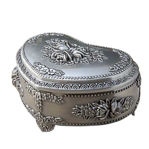 Joyero de princesa en forma de corazón clásico, caja de almacenamiento de joyería de Metal con patrón de rosa en relieve europeo, ataúd de recuerdos de boda