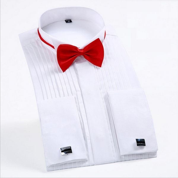 

bow ties 2018 fashion white tuxedo shirts for wedding men long sleeve casual formal shirt men slim fit wedding male, White;black