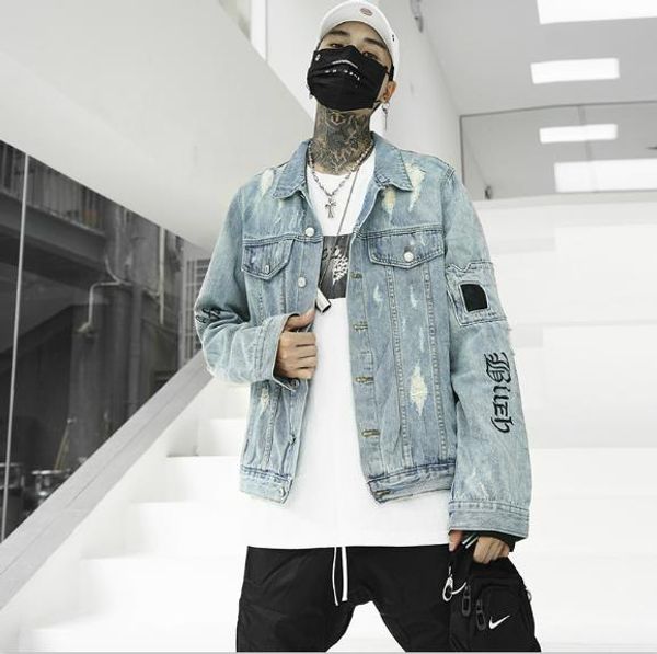 

mens single breasted coats fashion homme casual holes loose jeans jackets males street styles embroidery teenager clothes, Black;brown