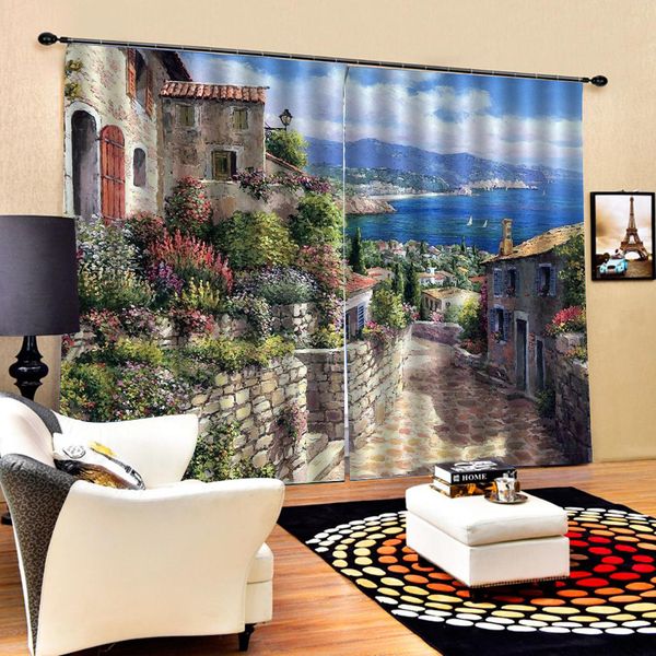 

customized size luxury blackout 3d window curtains for living room painting seaside scnery 3d curtains blackout curtain