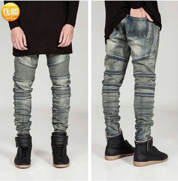 

pleated mens jeans brand motocycle denim pants fashion mens clothing, Blue