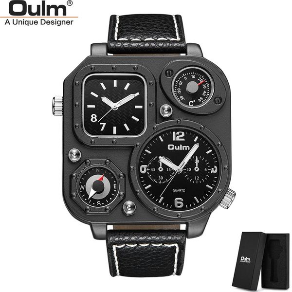 

oulm black classic sport watch two time zone male quartz wristwatch decorative compass casual men's watches, Slivery;brown