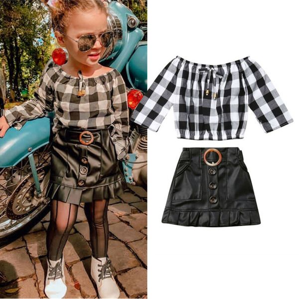 

canis 2pcs kids child baby girl plaid long sleeve t shirt mini pu skirt outfit clothes set sunsuit 2019 autumn, White