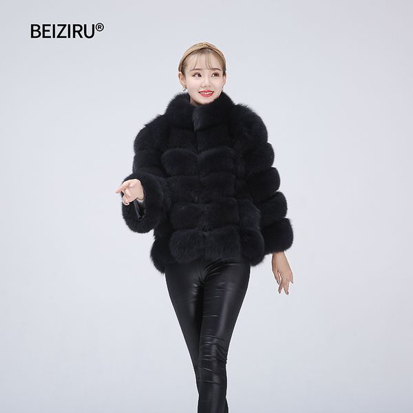

beiziru100% fur coat removable sleeve women outerwear body length60cm sleeve length50cm clothes natural vest winterhz13, Black