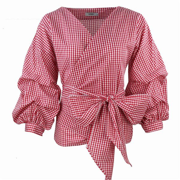 

woman blouse women red gingham peplum white 3 4 v neck lady shirts female clothes blusas puff sleeve bow tie