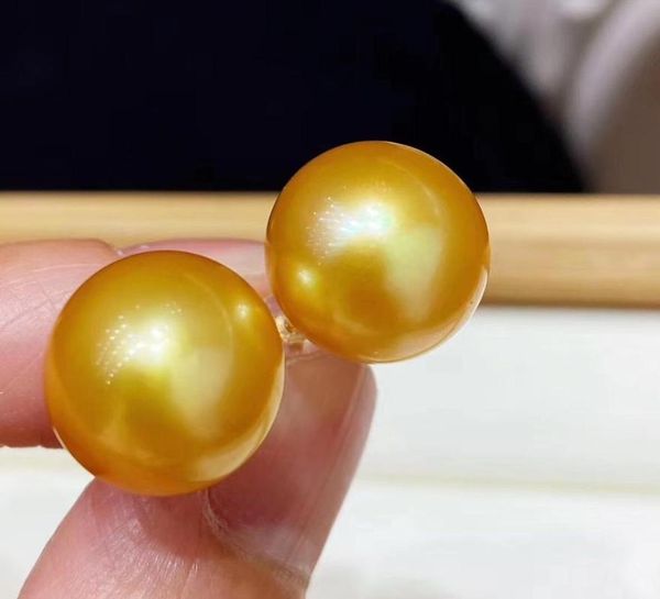 

other d511 pearl earrings fine jewelry solid 18k gold round 12-13mm fresh water golden pearls stud for women presents, Golden;silver