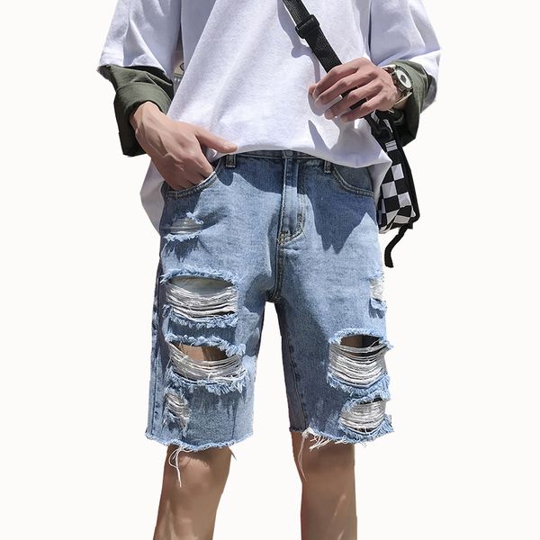 

men's jeans summer shorts loose casual cotton hole thin knee long breeches, Blue