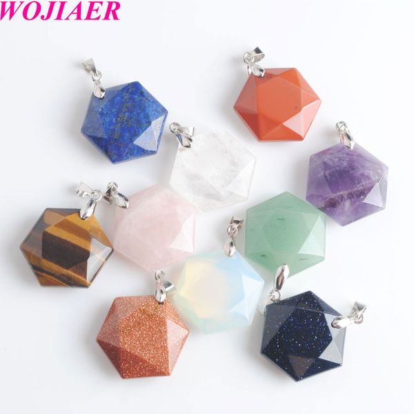 

wojiaer faceted hexagonal natural gem stone pendants opal lapis lazuli pink quartz tiger eye reiki jewelry necklaces accessories dbe903, Silver