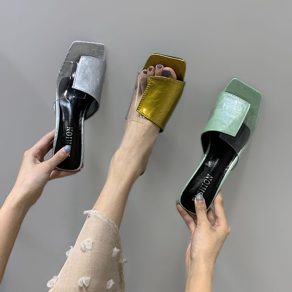 

transparent slippers high-heeled shoes lady slipers women med rubber flip flops slides multicolored sandals heels 2020 square, Black