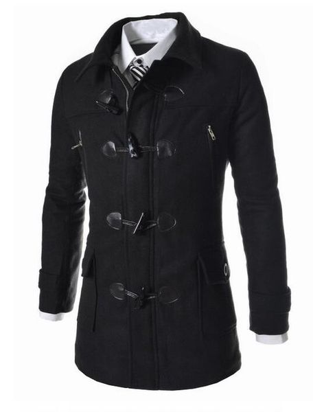 

men windbreaker jacket peacoat for man winter men's woolen horn button coats casual overcoat fashion wool coat, Black