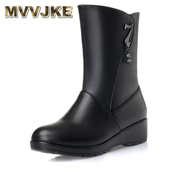 

mvvjke fashion 2018 autumn winter women boots genuine leather shoes women mid calf boots warm casual snow, Black