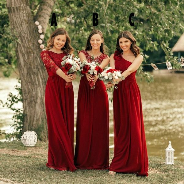 Красные кружевные платья подружки невесты 2019 новые дешевые шифоновые оборками с длинными рукавами длиной длиной полов длиной в длину загородные платья платья платья