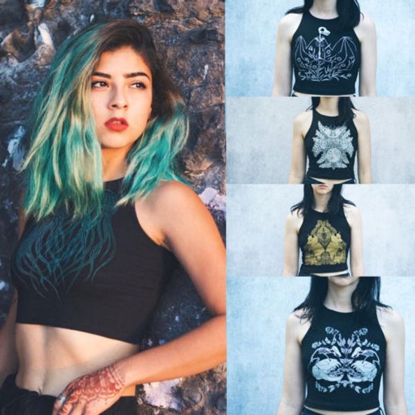 

women summer sleeveless short tank crop midriff casual print vest shirt, White